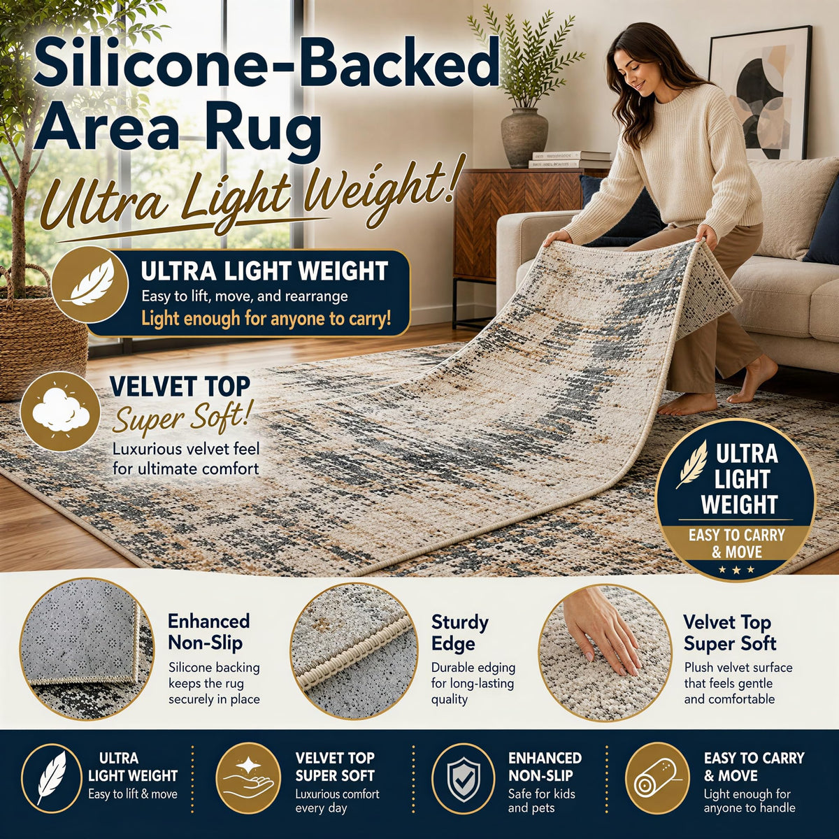 ICE ARMOR "Ultra Lightweight Large 6'7" x 9'10" Modern Leaf Collage Area Rug for Living Room, Bedroom and Home Office, Soft Low Pile Carpet with Non-Slip Silicone Backing, Brown and Black