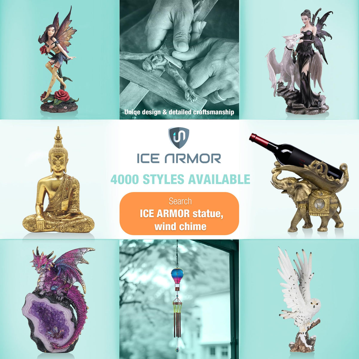 ICE ARMOR 26" Long Owl Copper and Gem Wind Chime Garden Patio Decoration