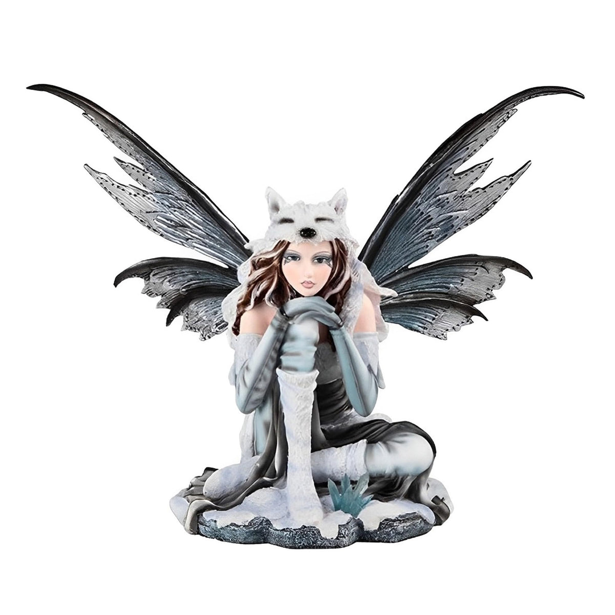 ICE ARMOR 18" W White Fairy Sitting with Wolf Cap Statue Fantasy Decoration Figurine