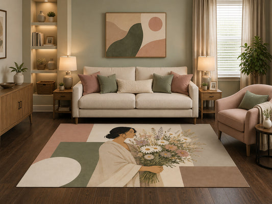 Ultra Thin 5'x7' Boho Floral Woman Area Rug, Minimalist Botanical Portrait Decor