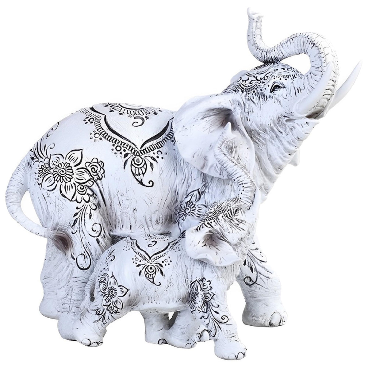 ICE ARMOR 8.25" W Decorative White Elephant and Baby with Tattoo Statue Feng Shui Decoration Religious Figurine
