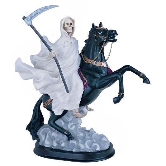 ICE ARMOR 12" H White Santa Muerte Riding Black Horse Statue Our Lady of The Holy Death Figurine Religious Decoration