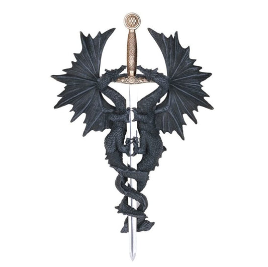 ICE ARMOR 14.5"H 2 Black Dragon with Sword Wall Plaque Décor Figurine