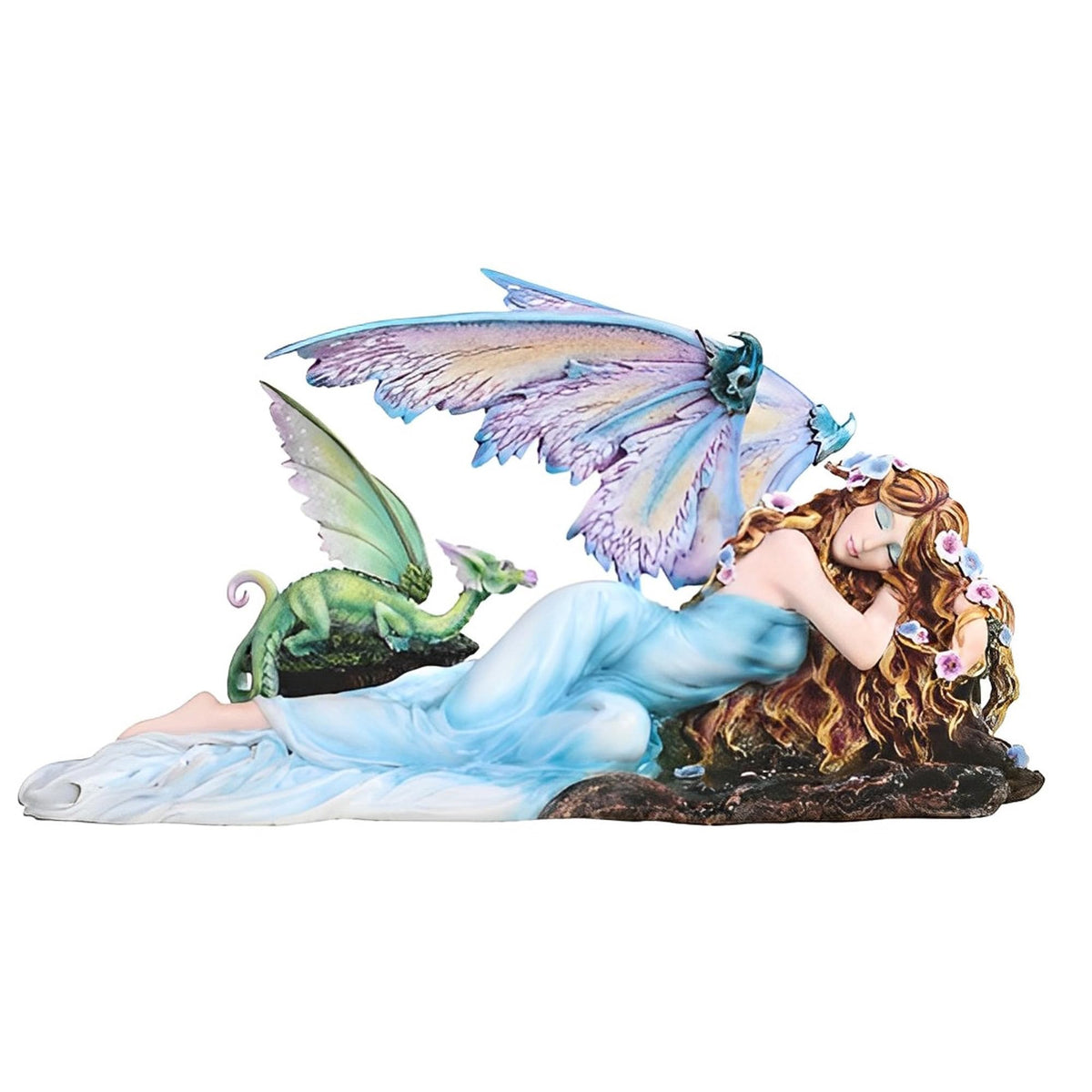 ICE ARMOR 13.5" W Blue Dreaming Fairy with Green Dragon Baby Statue Fantasy Decoration Figurine