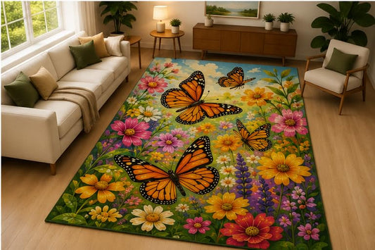 ICE ARMOR 5' x 7' Butterfly Flower Garden Area Rug Soft Low Pile Indoor Rug with Non Slip Silicone Backing Nature Decor Carpet for Living Room Bedroom Nursery Kids Room Multicolor