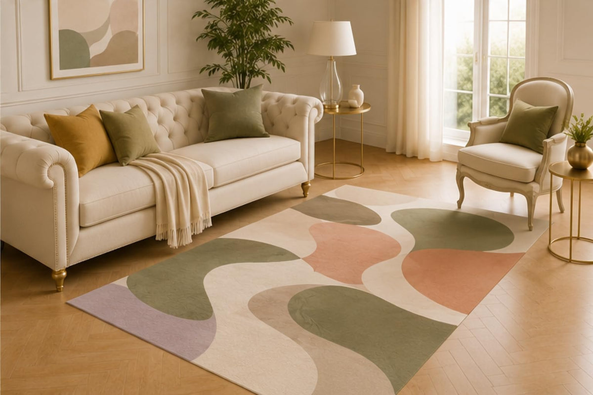 ICE ARMOR 5' x 7' Organic Curve Modern Area Rug for Living Room, Soft Low Pile Indoor Carpet with Non-Slip Silicone Backing for Bedroom, Dining Space, Office, Kids and Pets