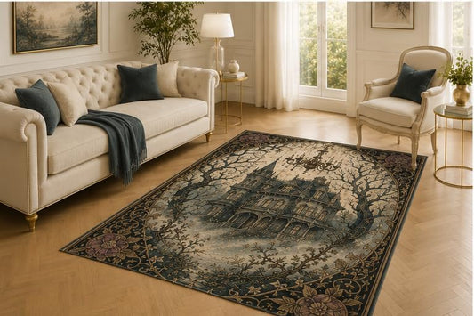 ICE ARMOR 5' x 7' Abandoned Manor Rug, Bare Tree and Floral Frame Artwork, Smooth Printed Floor Cover for Bedroom, Study, Foyer and Victorian Home Decor