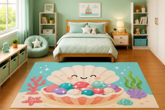 ICE ARMOR 5' x 7' Smiling Pearl Filled Seashell Area Rug for Girls Bedroom Nursery Playroom Scandinavian Minimalist Coastal Ocean Fantasy Decor Non-Slip Silicone Backing Low Pile