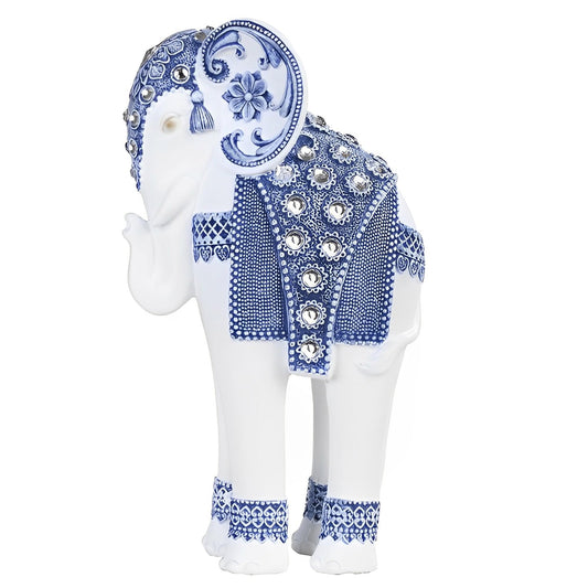 ICE ARMOR 9" H Standing Long Legged Elephant with Decorative Gem Statue Slim Elephant in Blue and White Feng Shui Decoration Figurine