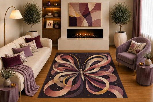 ICE ARMOR Ultra Light Weight 5' x 7' Abstract Butterfly Area Rug Modern Boho Swirl Art in Plum Mauve Cream for Living Room Bedroom Office Decor Non-Slip Silicone Backing Low Pile