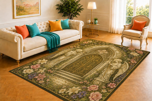 ICE ARMOR 5' x 7' Angelic Cathedral Door Rug, Guardian Statues, Gothic Arch and Floral Border Design, Smooth Printed Floor Cover for Bedroom, Hallway, Library and Medieval Home Decor