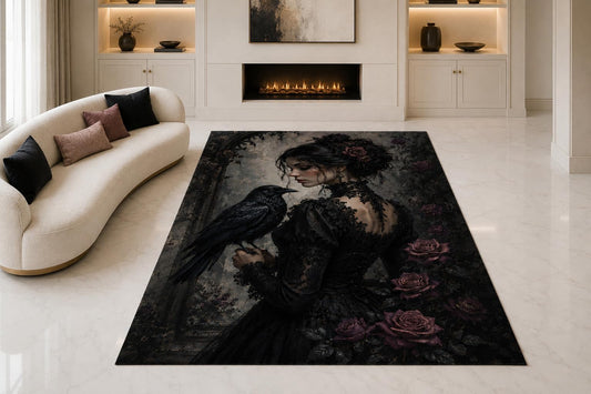 ICE ARMOR "Ultra Thin 5' x 7" Gothic Raven Woman Area Rug for Living Room, Bedroom and Home Office, Soft Low Pile Carpet with Non-Slip Silicone Backing, Black and Purple