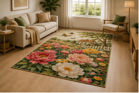 ICE ARMOR 5' x 7' Cottage Peony Garden Area Rug for Living Room, Soft Low Pile Indoor Rug with Non-Slip Silicone Backing, Bedroom, Dining Room, Family Room, Cream Pink