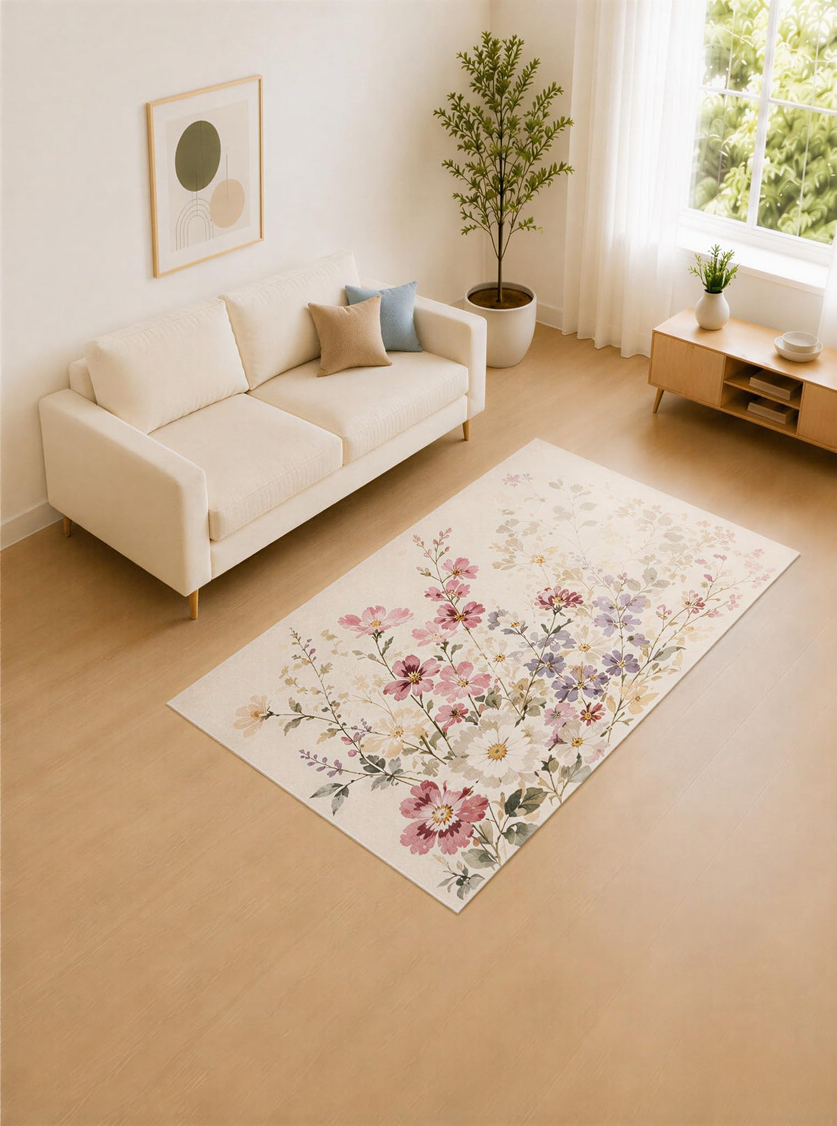 ICE ARMOR 5' x 7' Magnolia Pink and Ivory Blossom Branch Area Rug for Living Room, Soft Low Pile Carpet with Non-Slip Silicone Backing, Decor for Bedroom and Home Office