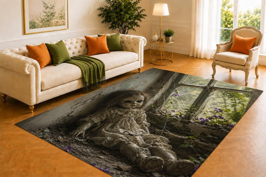 ICE ARMOR 5' x 7' Haunted Doll Rug, Antique Rose and Creepy Toy Artwork, Smooth Printed Floor Cover for Nursery, Bedroom, Playroom and Dark Cottage Decor