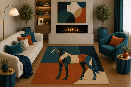 ICE ARMOR Ultra Light Weight 5' x 7' Abstract Horse Area Rug Geometric Equestrian Art in Teal Rust for Living Room Bedroom Office Decor Non-Slip Silicone Backing Low Pile