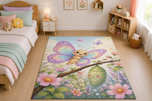 ICE ARMOR "Ultra Thin 5' x 7" Butterfly Cocoon Area Rug for Living Room, Bedroom and Home Office, Soft Low Pile Carpet with Non-Slip Silicone Backing, Pink and Purple
