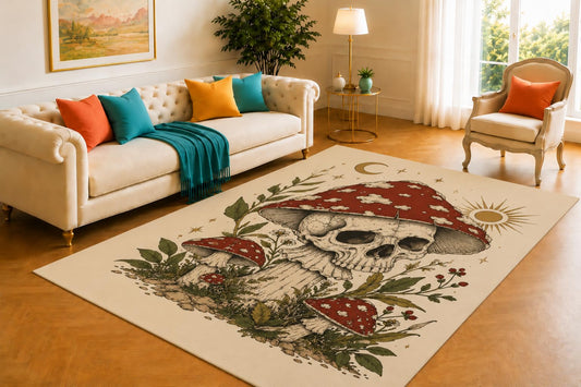 ICE ARMOR 5' x 7' Skull Mushroom Rug, Woodland Vine Toadstool Botanical Artwork, Smooth Printed Floor Cover for Bedroom, Library, Lounge and Dark Cottage Decor