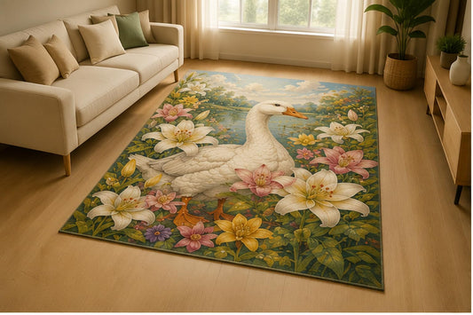 ICE ARMOR 5' x 7' White Goose Lily Garden Area Rug for Living Room, Soft Low Pile Indoor Rug with Non-Slip Silicone Backing, Farmhouse Floral Decor for Bedroom, Nursery, Kids Room, White Multicolor