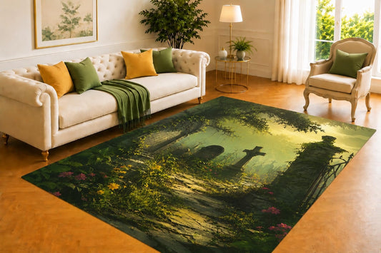ICE ARMOR 5' x 7' Forgotten Cemetery Rug, Weathered Angel and Overgrown Grave Artwork, Smooth Printed Floor Cover for Library, Hallway, Office and Gothic Decor