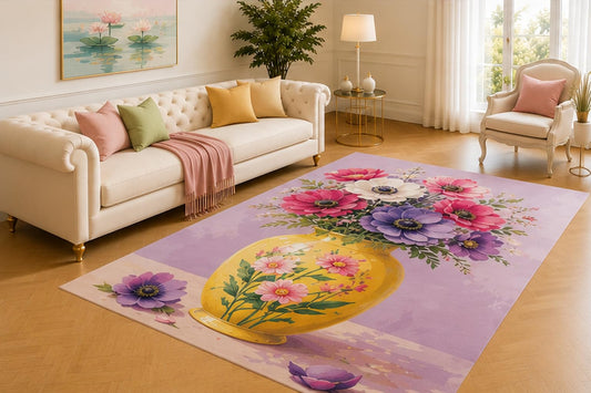 ICE ARMOR 5' x 7' Anemone Bouquet Rug, Pink, Purple and White Flowers in a Yellow Pot, Colorful Artistic Decor for Bedroom, Living Room, Studio or Dressing Area