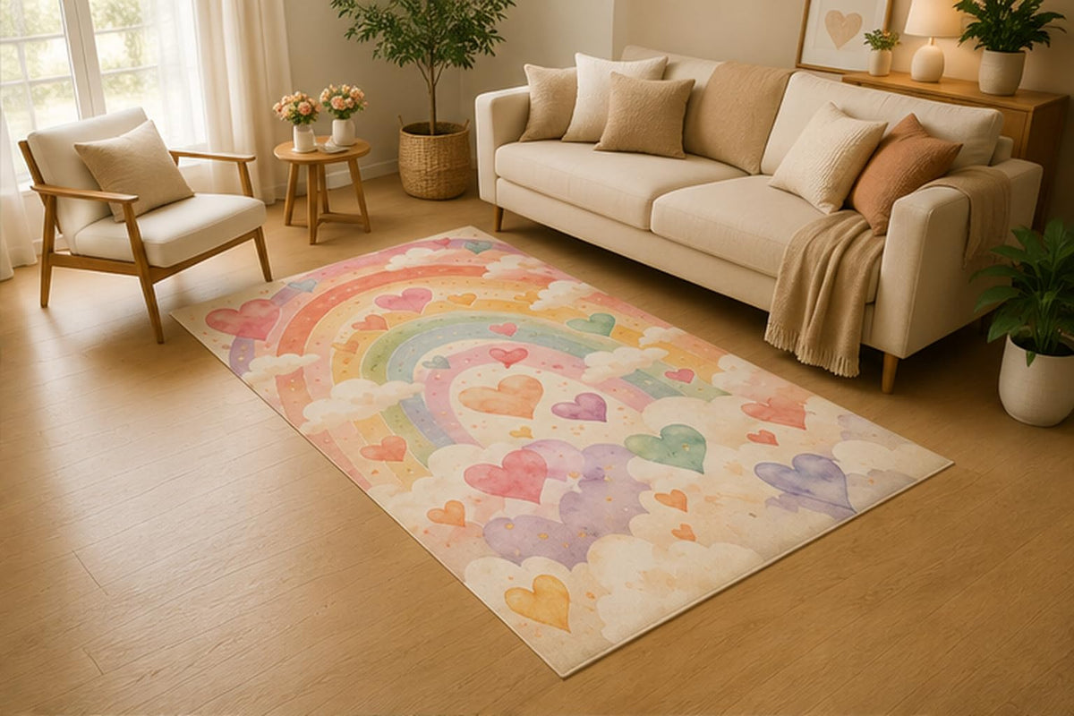 ICE ARMOR 5' x 7' Pastel Rainbow Heart Cloud Area Rug, Soft Low Pile Indoor Rug with Non-Slip Silicone Backing for Nursery, Kids Room, Playroom, Bedroom, Kids & Pets, Pink Purple Yellow