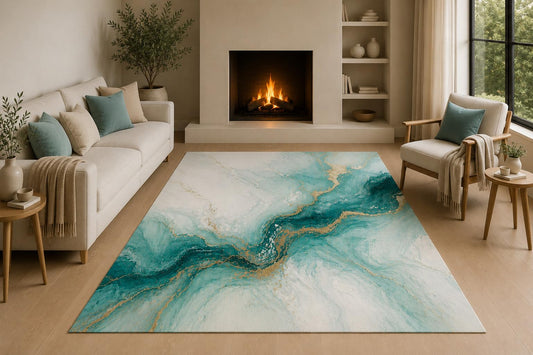 ICE ARMOR 5' x 7' Teal Marble Abstract Area Rug with Non-Slip Silicone Backing Low Pile Soft Carpet for Living Room Bedroom Office Modern Fluid Art Decor