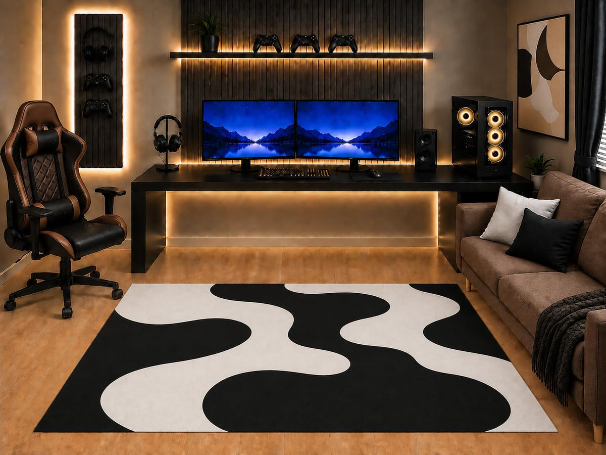 ICE ARMOR "Ultra Light Weight 5' x 7' Black White Abstract Area Rug Modern Organic Wavy Design for Bedroom Gaming Room Living Room Contemporary Decor Non-Slip Silicone Backing Low Pile