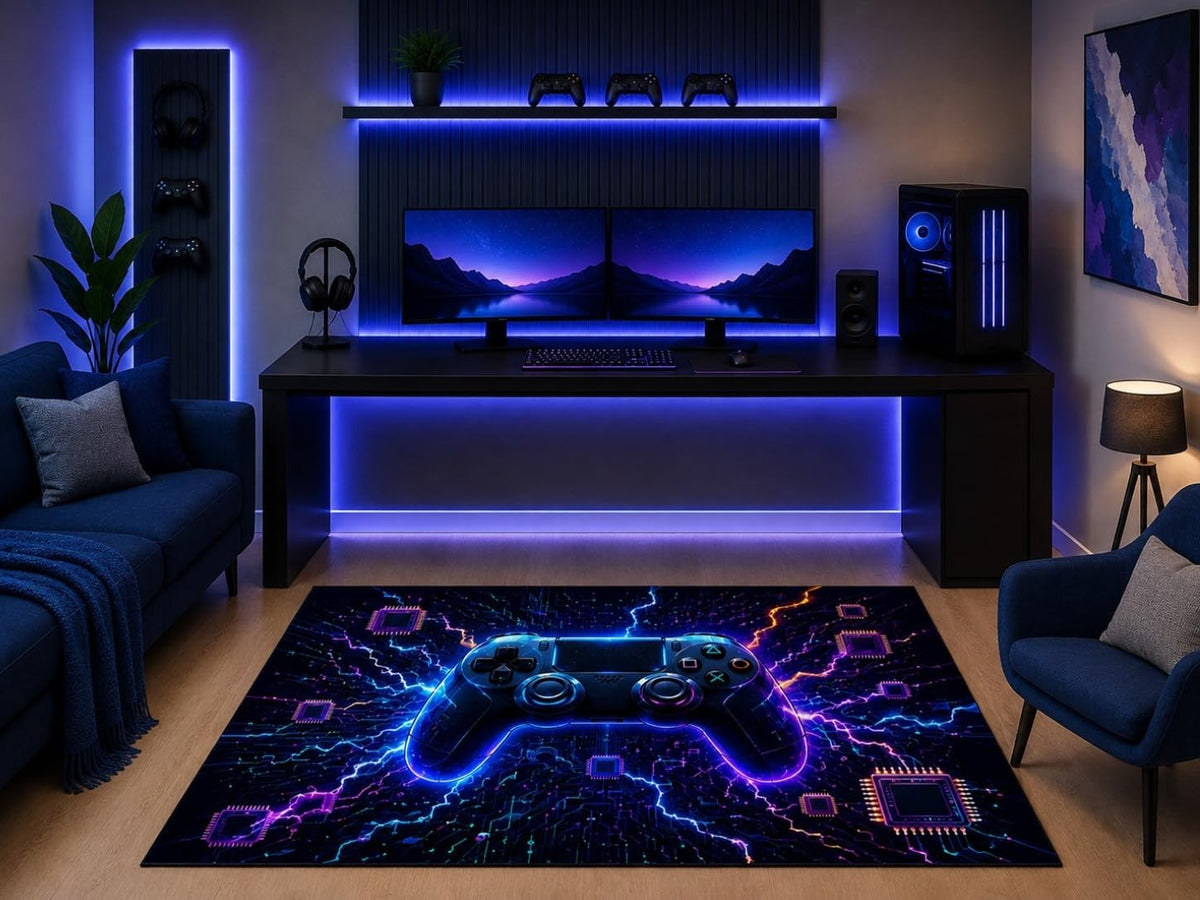 ICE ARMOR 5' x 7' Electric Circuit Gaming Controller Area Rug Futuristic Tech Abstract Art Gamer Bedroom Game Room Office Decor Non-Slip Silicone Backing Low Pile