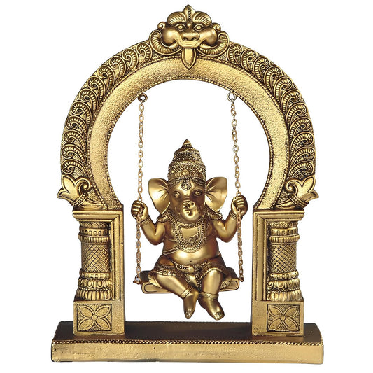 ICE ARMOR 10" H Brass Color Ganesha on Swing Statue Feng Shui Decoration Religious Figurine