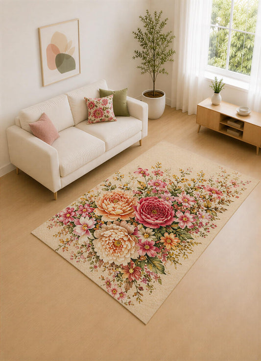 ICE ARMOR "Ultra Lightweight 5' x 7' Cream and Coral Cottage Floral Cluster Area Rug for Living Room, Bedroom and Home Office, Soft Low Pile Carpet with Non-Slip Silicone Backing