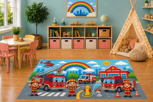 ICE ARMOR 5' x 7' Firefighter Rescue Team Area Rug, Cute Fire Trucks Fire Station Rainbow Community Helpers Kids Playroom Classroom Bedroom Decor, Non-Slip Silicone Backing Low Pile