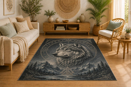 ICE ARMOR 5' x 7' Nordic Wolf Area Rug, Soft Low Pile Indoor Rug with Non-Slip Silicone Backing, Decorative Carpet for Living Room, Bedroom, Dining Room, Office, Runic Mountain Design