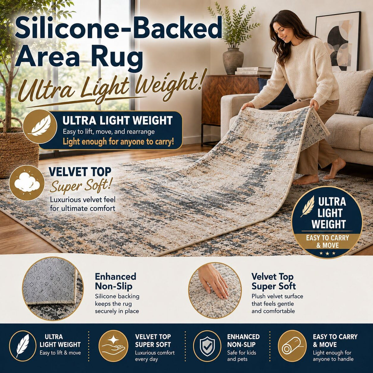 ICE ARMOR 5' x 7' Angel in Clouds Area Rug for Living Room, Soft Low Pile Indoor Rug with Non-Slip Silicone Backing, Carpet for Bedroom, Dining Room, Office, Brown