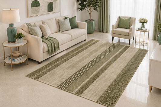 ICE ARMOR 5' x 7' Modern Striped Area Rug, Neutral Sage Green Geometric Border Design for Living Room Bedroom Dining Room, Non-Slip Silicone Backing, Low Pile Carpet