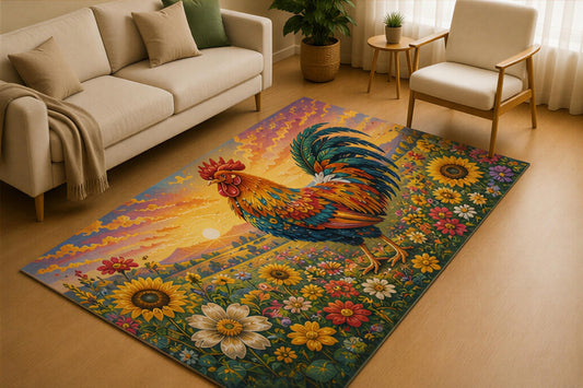 ICE ARMOR 5' x 7' Colorful Rooster Sunflower Farm Area Rug for Living Room, Soft Low Pile Indoor Rug with Non-Slip Silicone Backing, Country Carpet for Bedroom, Dining Room, Multicolor