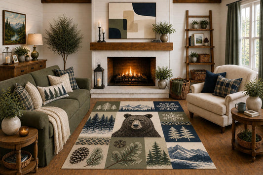 ICE ARMOR "Ultra Light Weight 5' x 7' Black Bear Patchwork Area Rug, Rustic Pine Forest Mountain Snowflake Cabin Lodge Decor for Living Room Bedroom, Non-Slip Silicone Backing Low Pile