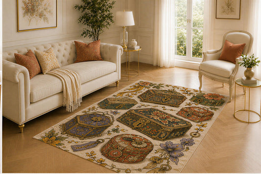 ICE ARMOR 5' x 7' Antique Keepsake Rug, Ornate Jewelry Box and Floral Trinket Artwork, Smooth Printed Floor Cover for Bedroom, Dressing Room, Parlor and Vintage Decor