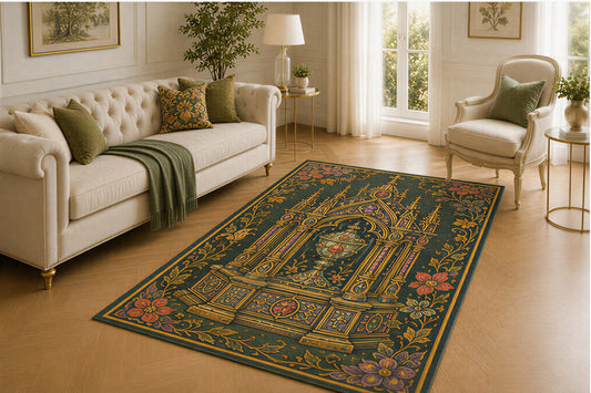 ICE ARMOR 5' x 7' Gothic Reliquary Rug, Jeweled Shrine, Cathedral Arches and Floral Border Design, Smooth Printed Floor Cover for Bedroom, Living Room, Library and Medieval Decor