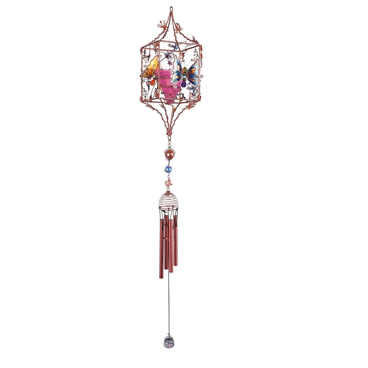 ICE ARMOR 33" Long Butterfly Copper and Gem Wind Chime with Candle Holder Garden Ornament Decoration Figurine