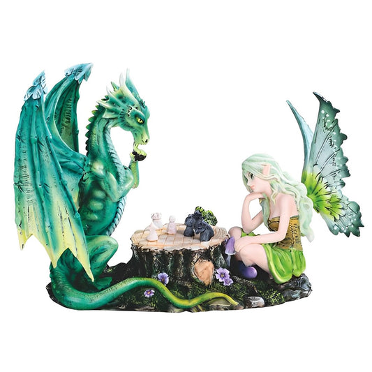 ICE ARMOR 10" W Green Fairy Playing Chess with Dragon Statue Fantasy Decoration Figurine
