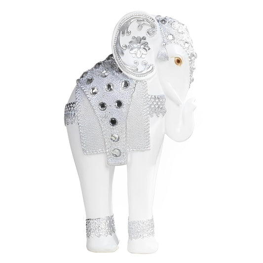 ICE ARMOR 9" H Standing Long Legged Elephant with Decorative Gem Statue Slim Elephant in Silver Feng Shui Decoration Figurine Statue