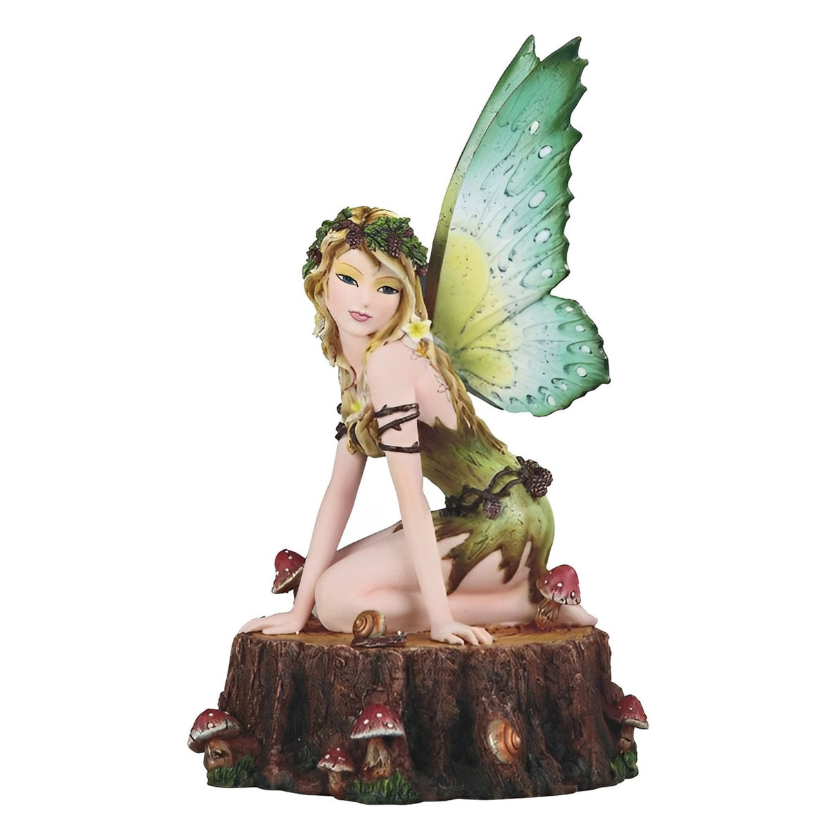 ICE ARMOR 10" H Green Earth Fairy Sitting on Tree Trunk with Mushroom Statue Fantasy Decoration Figurine