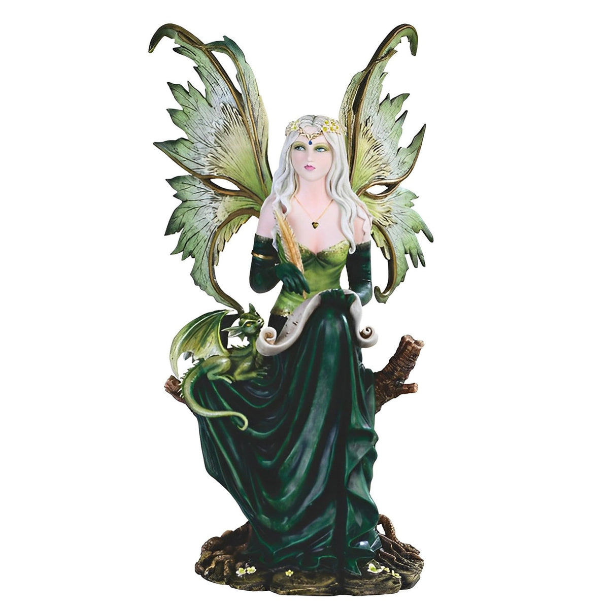 ICE ARMOR 17.5" H Reading Fairy and Green Baby Dragon Statue Fantasy Decoration Figurine