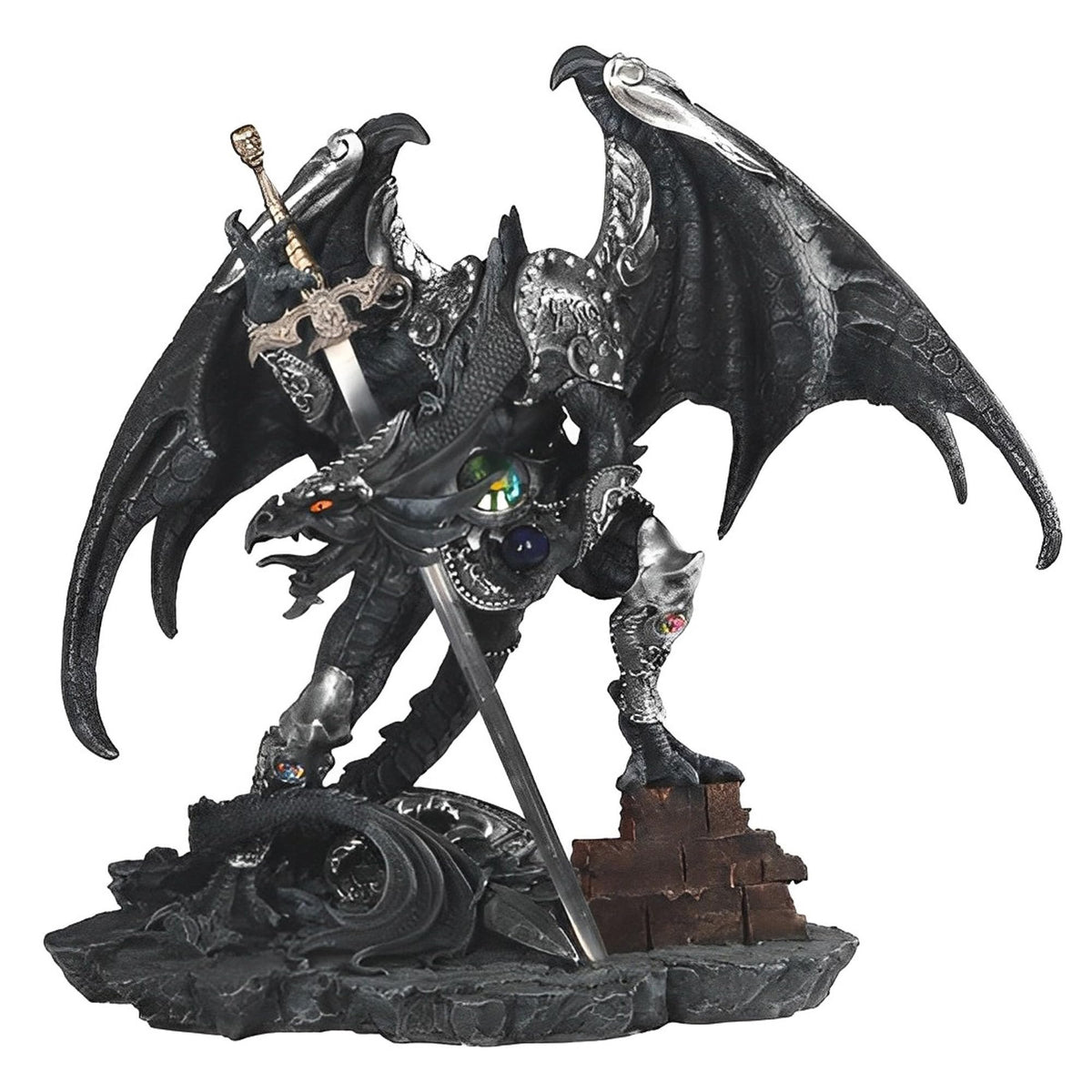 ICE ARMOR 21" W Black Dragon with Sword Figurine Large Sculpture