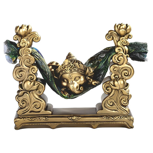 ICE ARMOR 7" W Gold Ganesha Sleeping in Hammock Statue Feng Shui Decoration Religious Figurine