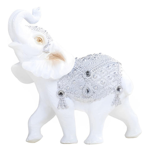 ICE ARMOR 7" W Silver and White Thai Elephant with Trunk Up Statue Feng Shui Decoration Religious Figurine